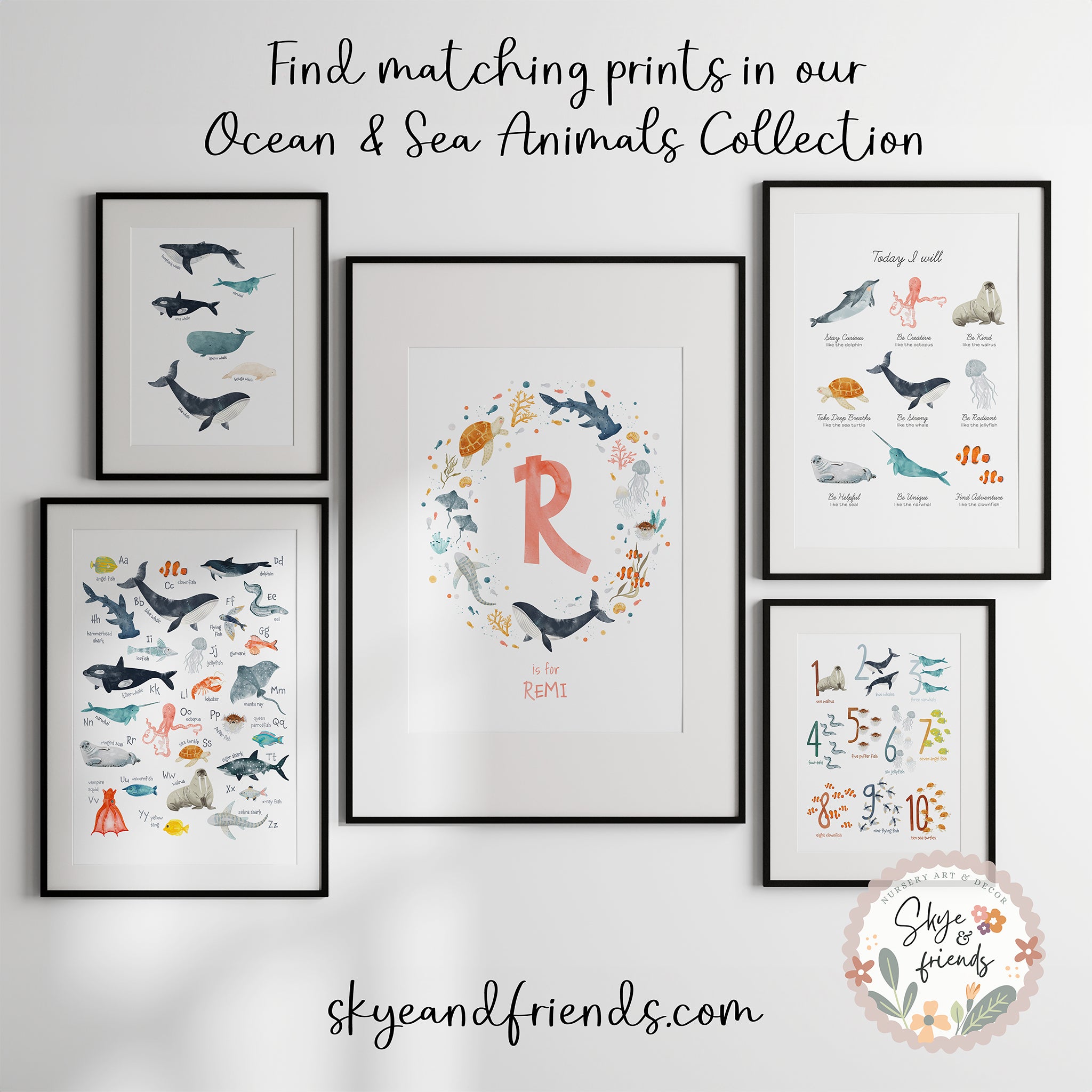 Personalized Sea Animals Nursery Art, Name and Monogram Print | Coral