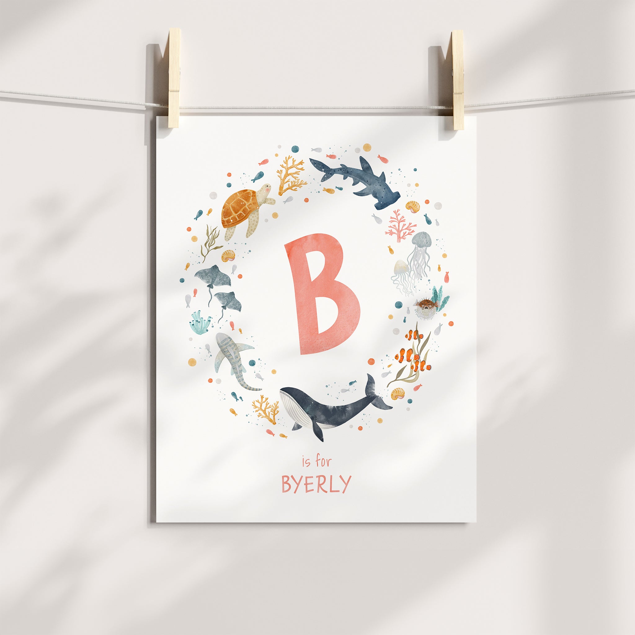 Personalized Sea Animals Nursery Art, Name and Monogram Print | Coral