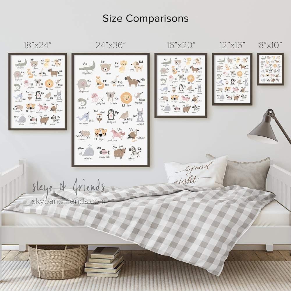 Abc Size Comparison Cute Animal Alphabet Poster For Nurseries and Playrooms