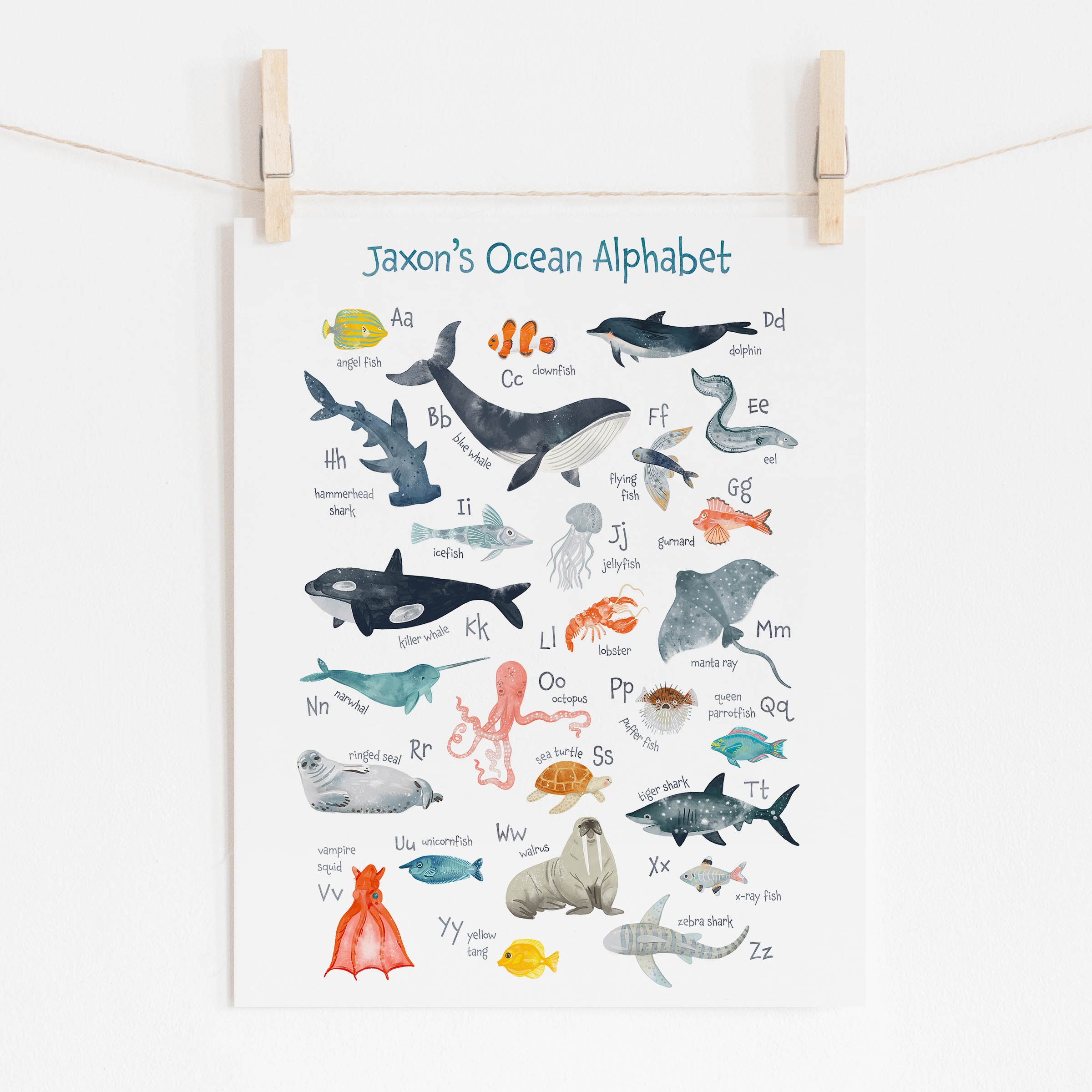 Personalized Ocean Animals Alphabet Wall Art