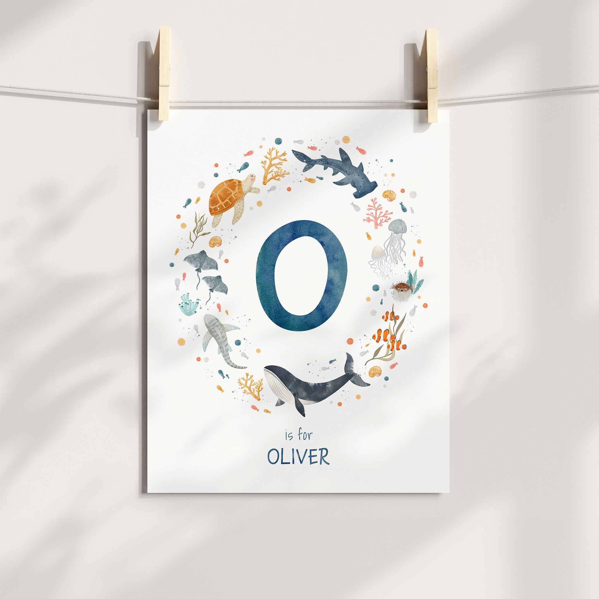 Personalized Ocean Animals Nursery Art, Name and Monogram Print | Blue