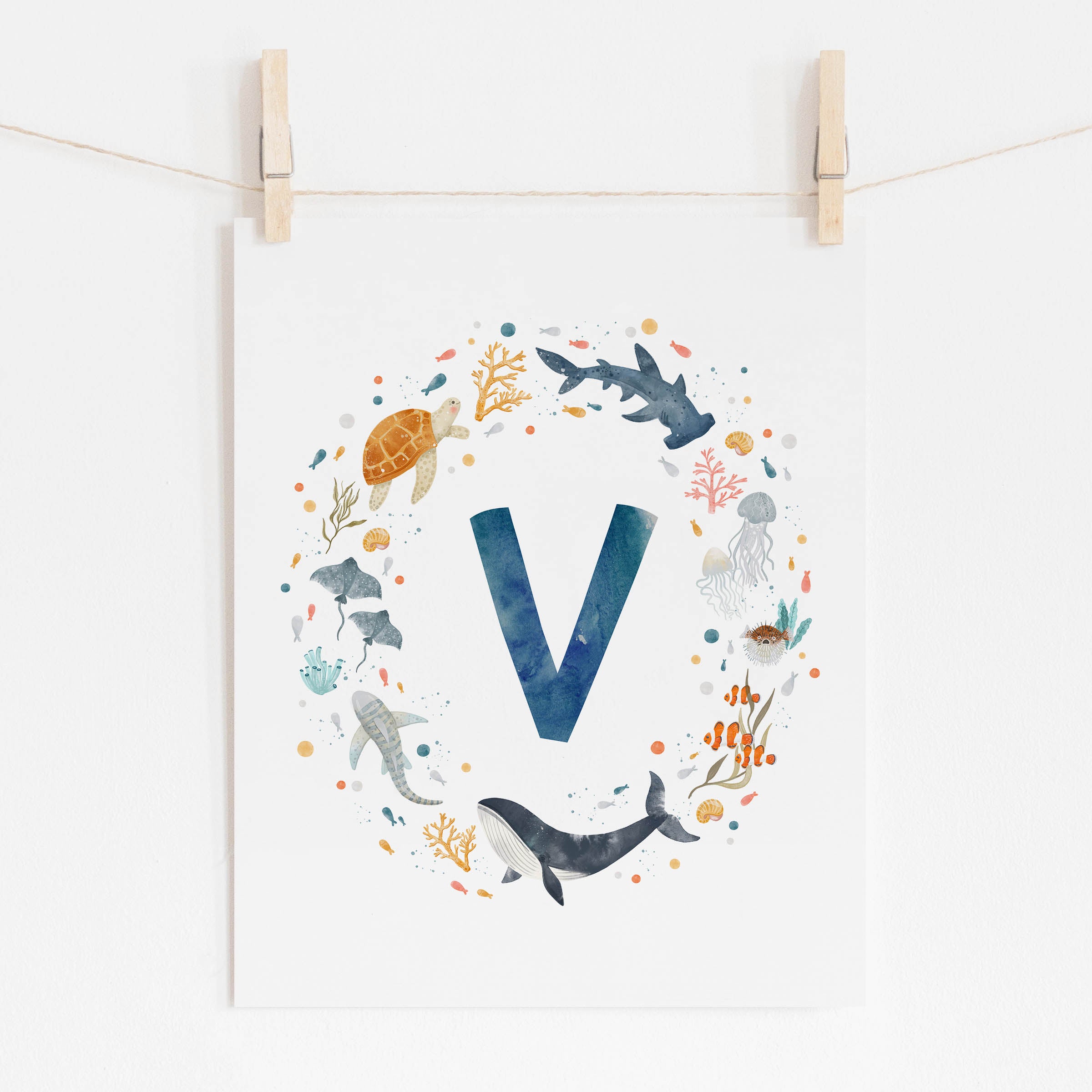 Personalized Nursery Art with Ocean Animals - Blue