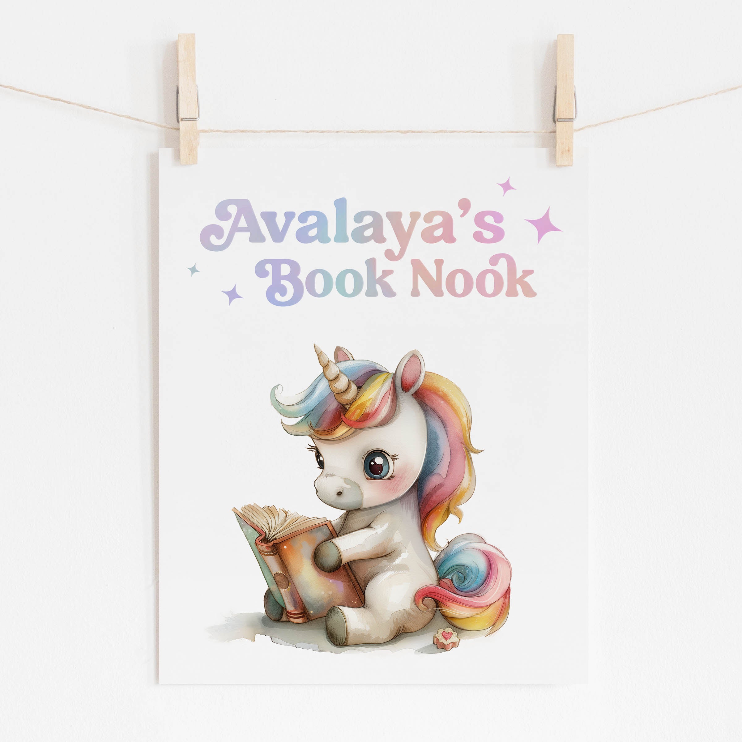 Personalized Watercolor Unicorn Wall Art for Book Corner