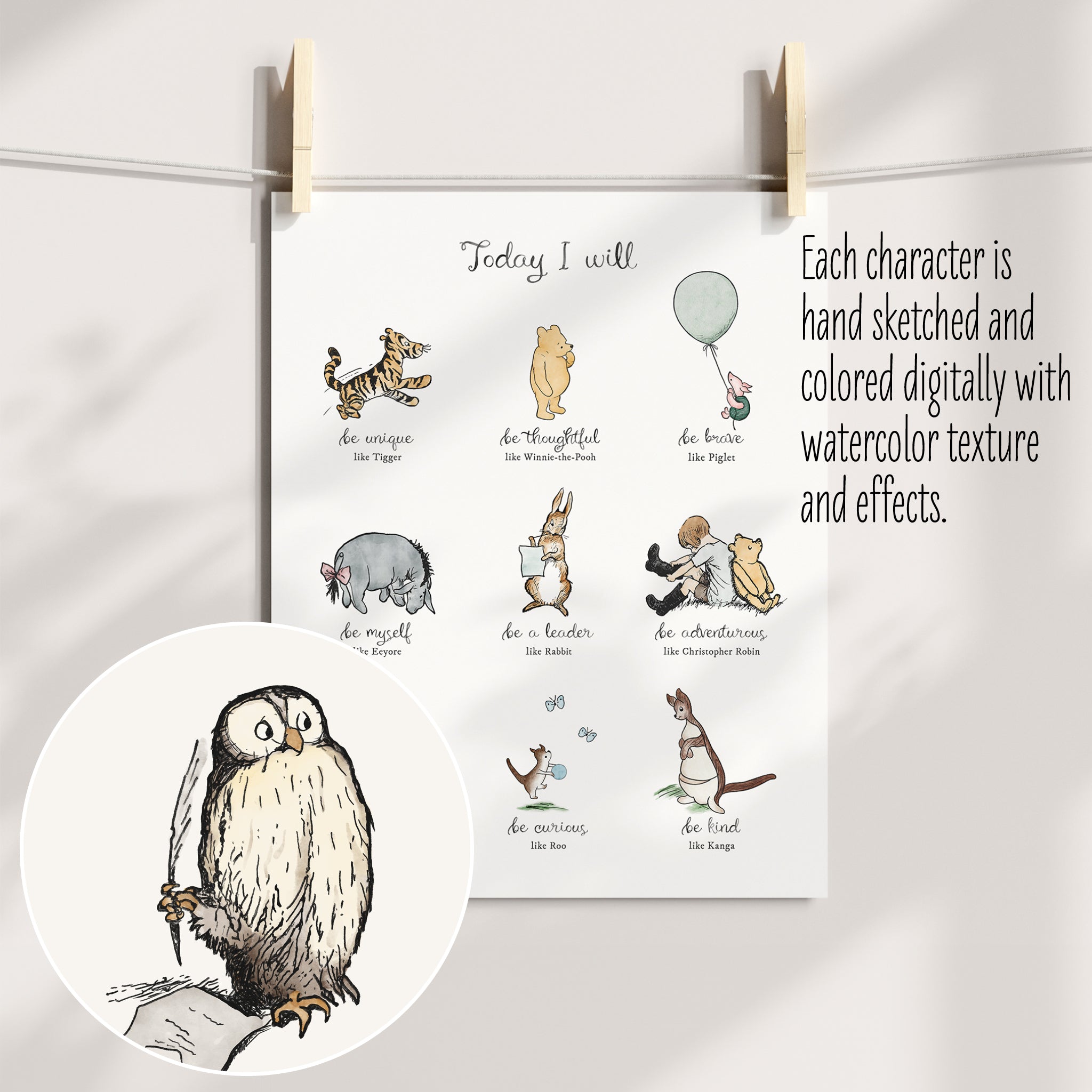 Today I Will Winnie-the-Pooh Nursery Wall Art, Minimal Neutral Style