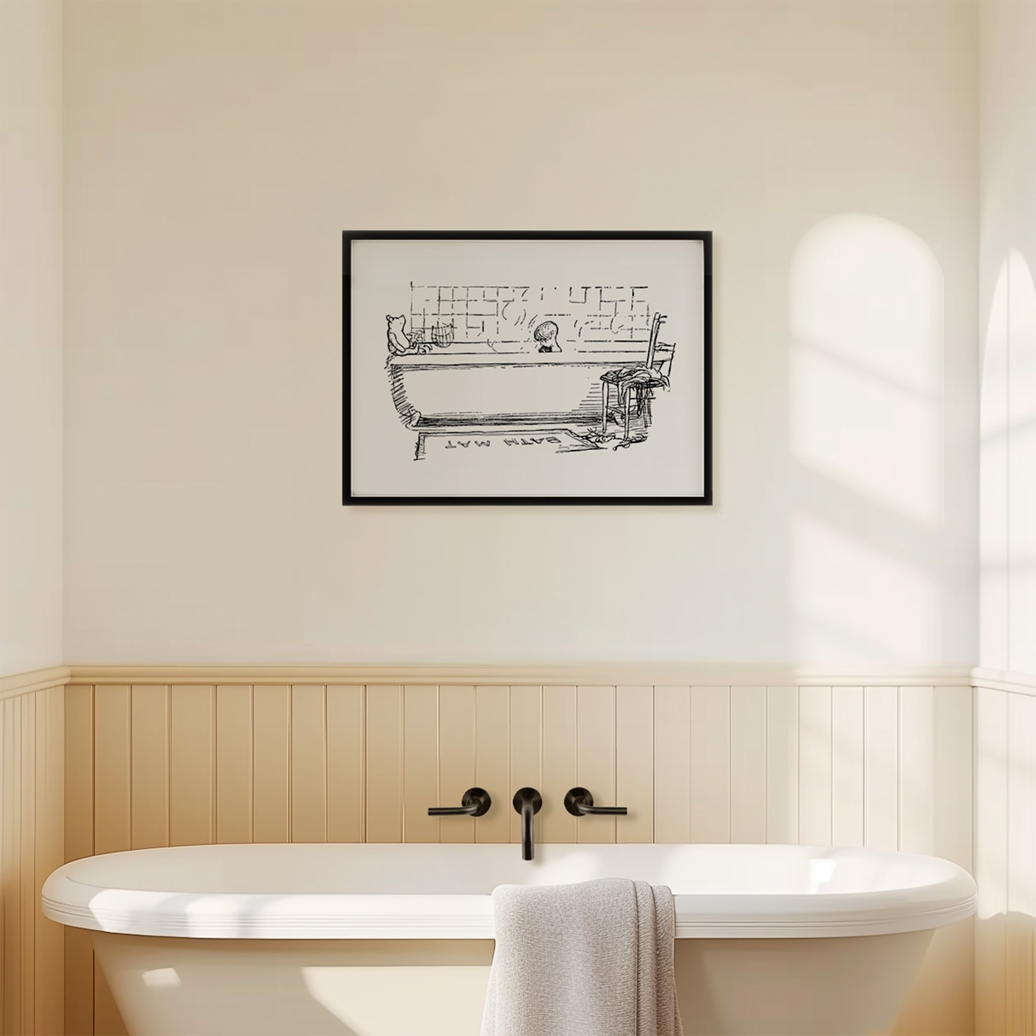 A print of Winie-the-Pooh is displayed in a bathroom with beadboard walls and a modern bathtub