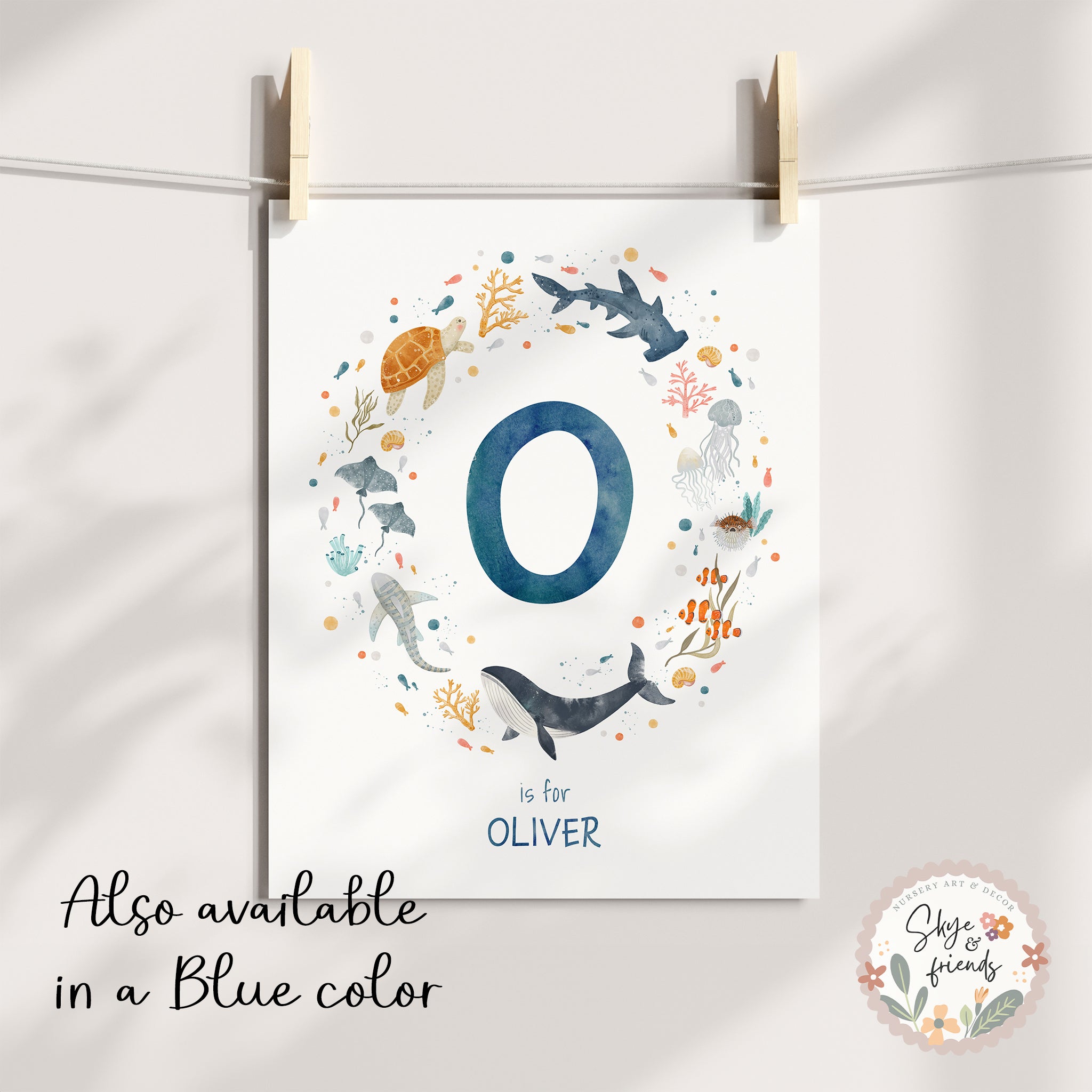 Personalized Sea Animals Nursery Art, Name and Monogram Print | Coral