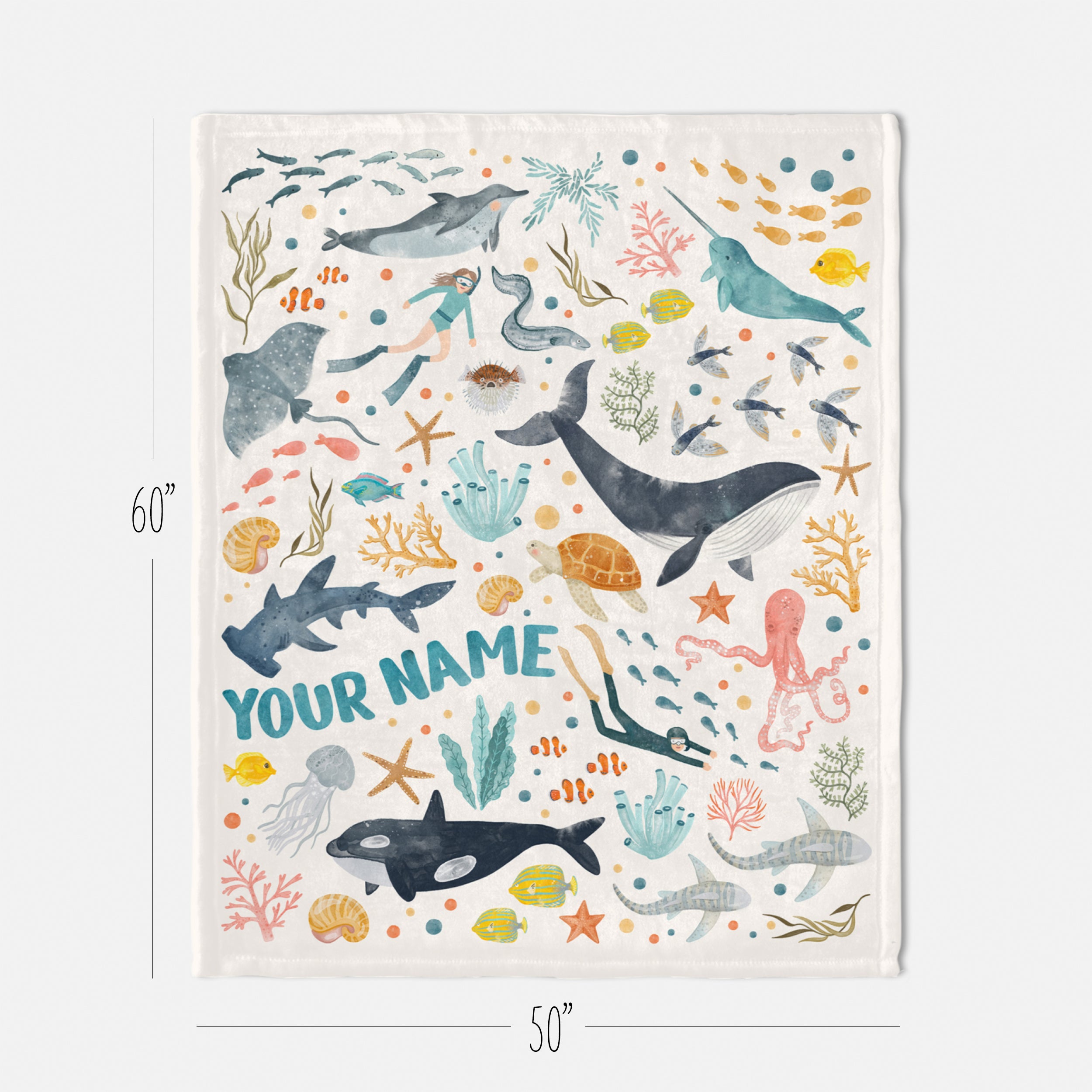 Custom Name Baby Blanket with Sea Animals (Freediving Edition) | Soft Minky