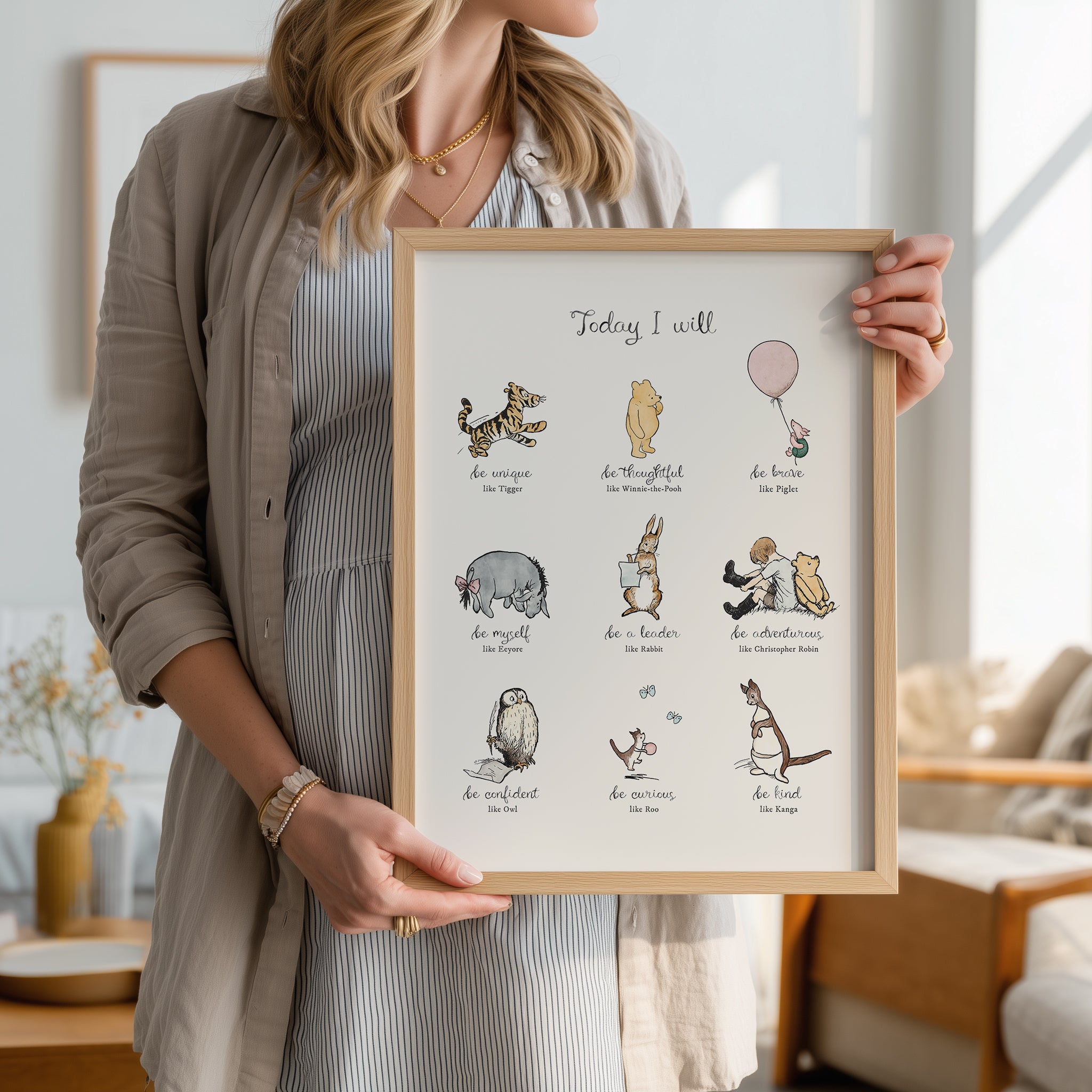 Today I Will Winnie-the-Pooh Nursery Wall Art, Minimal Neutral Style