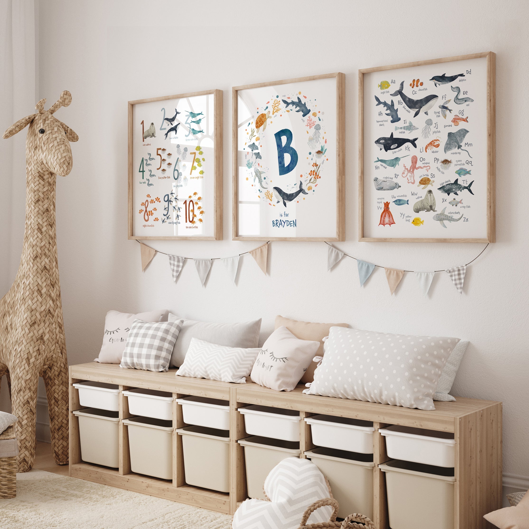 Personalized Nursery Art with Ocean Animals - Blue