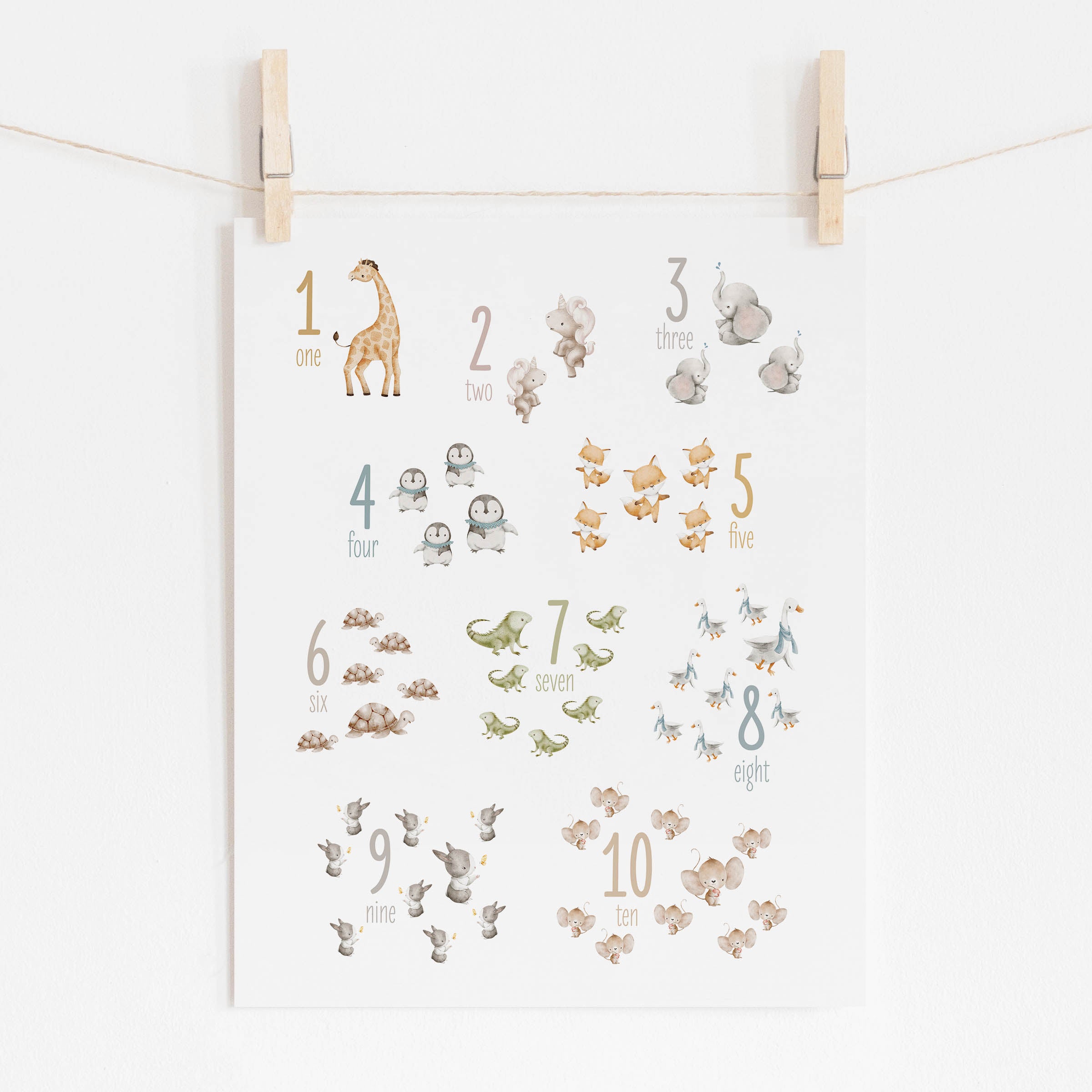 Watercolor Animals Numbers Poster