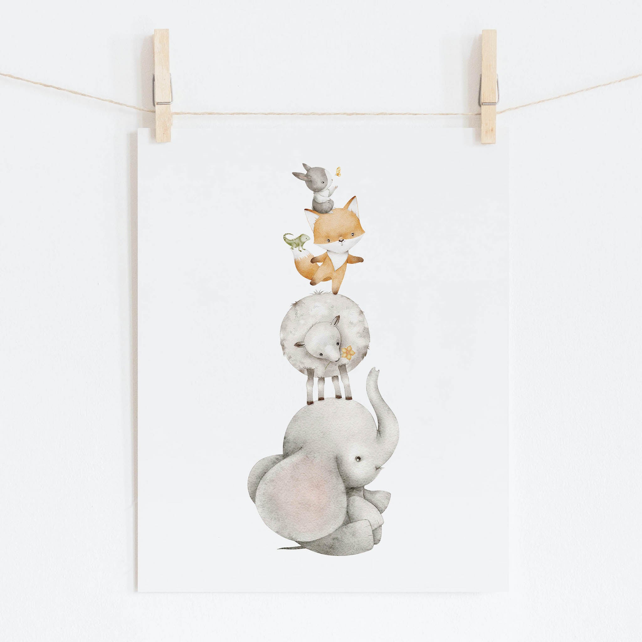 Whimsical stacking animals watercolor art for nursery