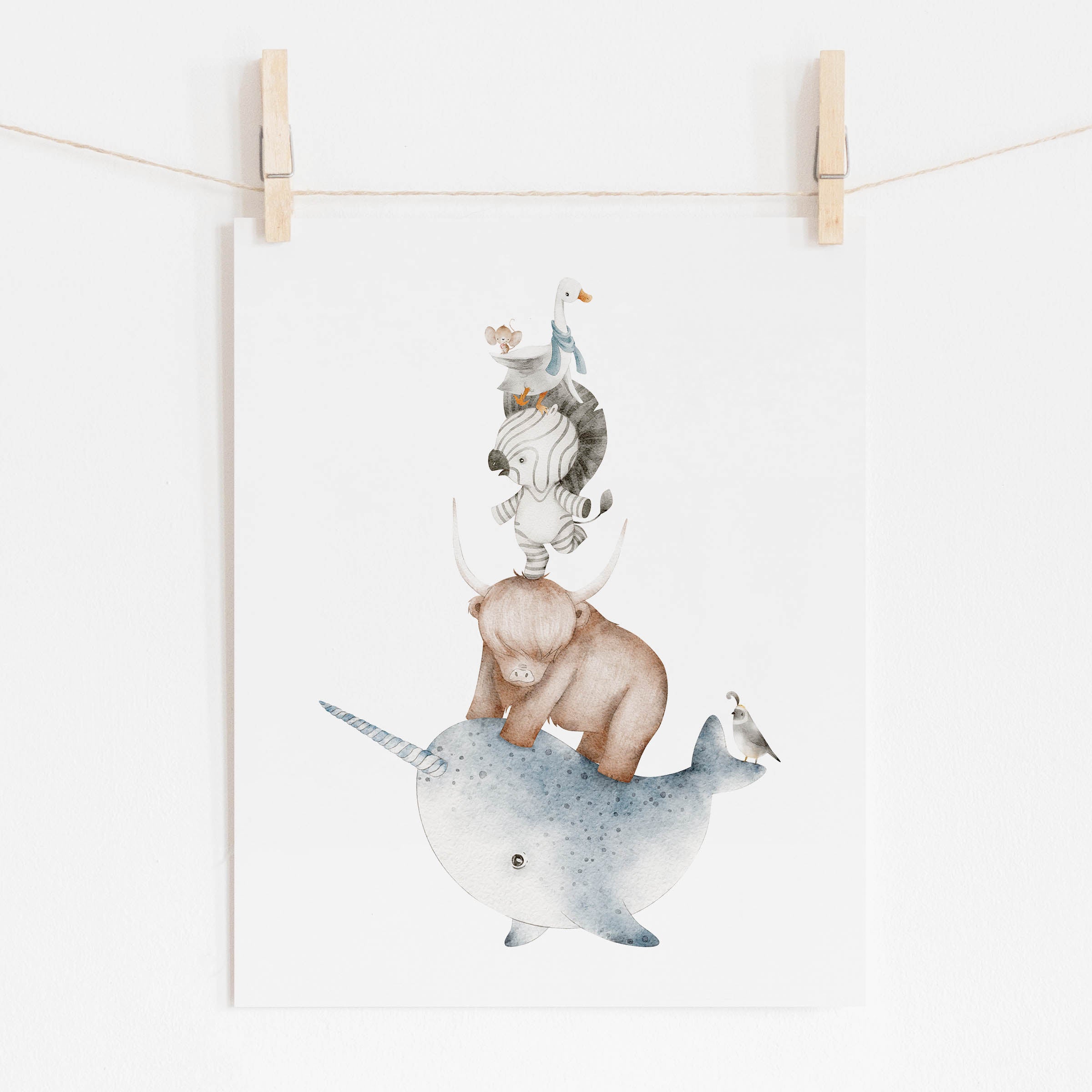 whimsical animals poster with stacked animals and a narwhal, zebra, mouse