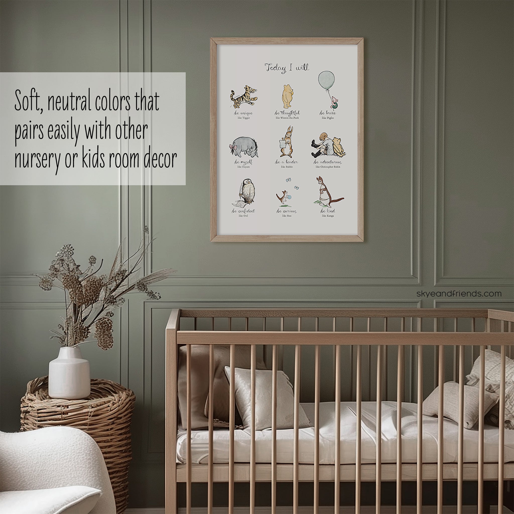Today I Will Winnie-the-Pooh Nursery Wall Art, Minimal Neutral Style