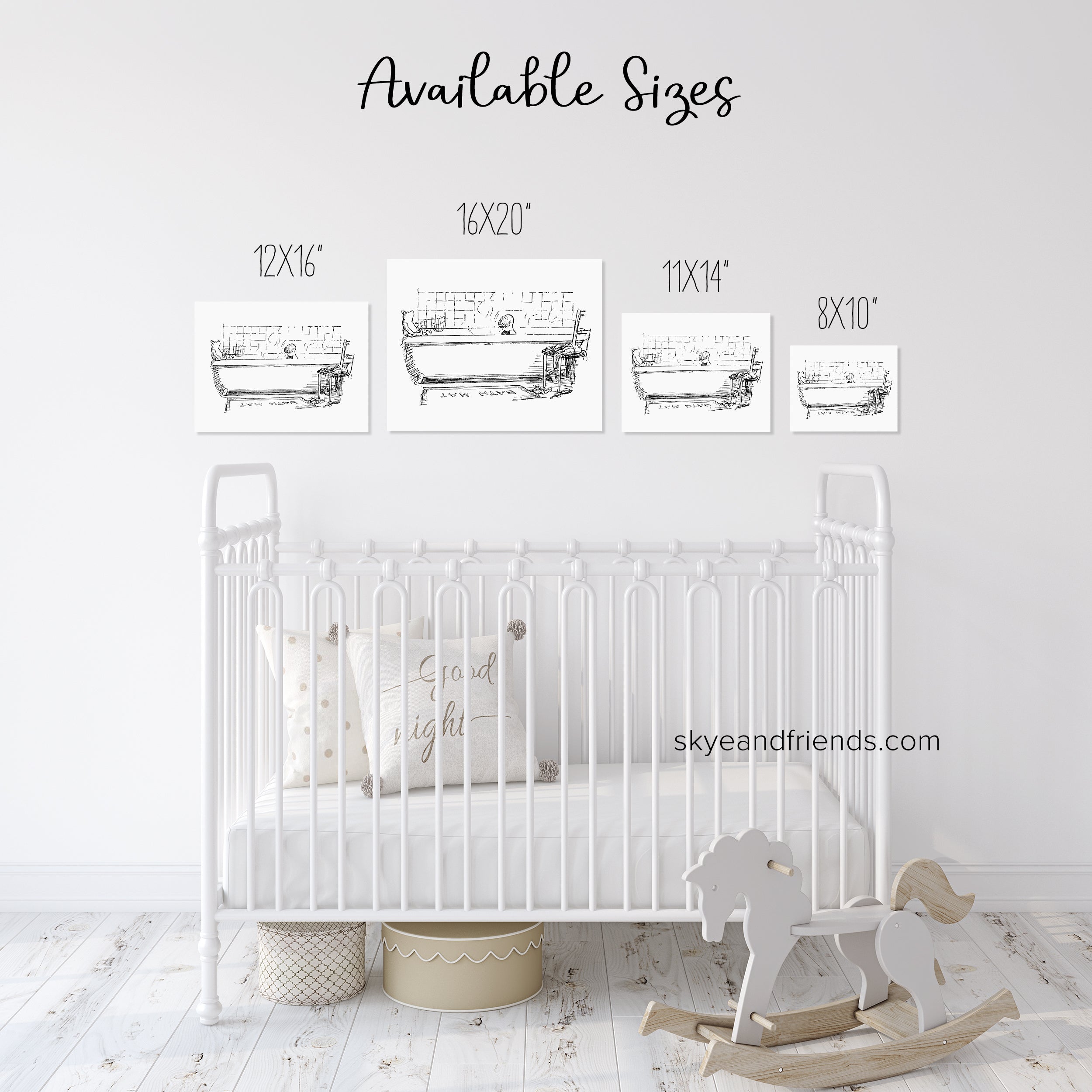 A visual guide showing how different nursery print sizes look above a baby's crib